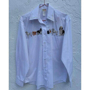 Cactus California Womens Long Sleeve Button Down Rhinestones Dogs Shirts White M